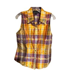 Linda Allard Ellen Tracy Silk Vibrant Sleeveless Button-Up Collared Blouse Sz 12